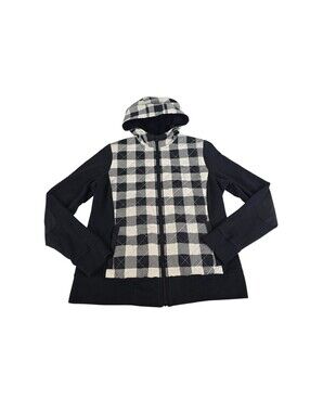 LAUREN RALPH LAUREN Womens M Zip Hoodie Black Buffalo Plaid Quilted Sweatshirt